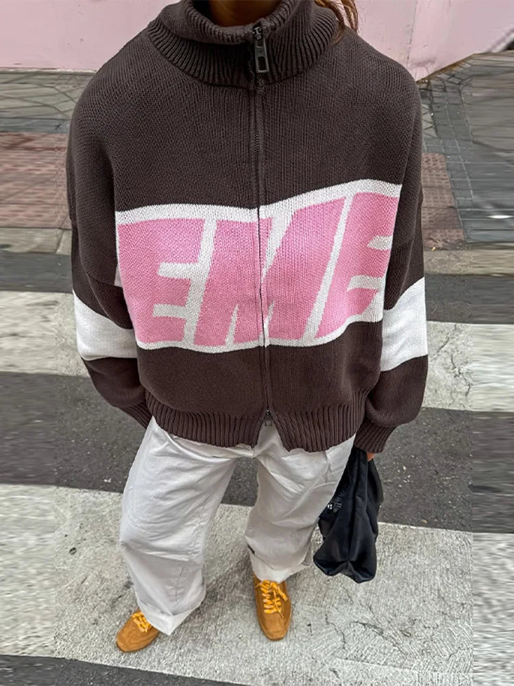 Letter Women 's Sweater Stand Collar Y2k Knit Sweaters For Woman Zipper Full Sleeve Tops Female 2025 Winter Men Jacket Knitwear