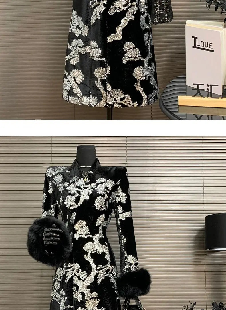 Black Velvet Sequins Windbreaker Coat Autumn/Winter New English style Luxury Sequin Embroidered Women's Coat