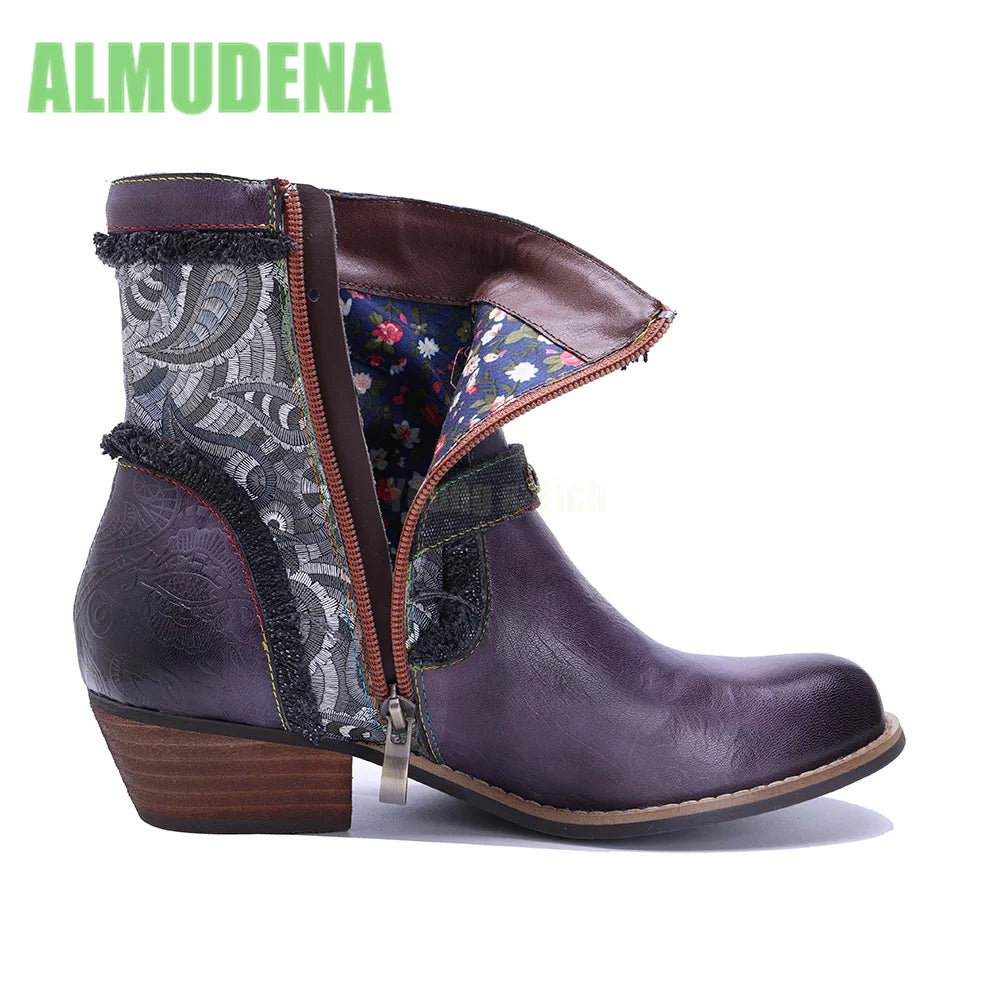 Vintage Western Short Boots With Square Heel And Belt Buckle For Women