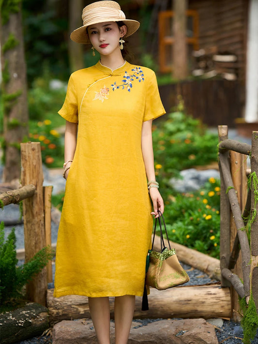 Embroidered Linen Cheongsam Dress