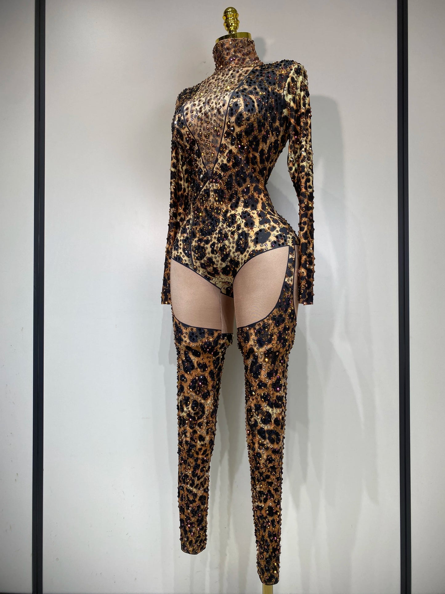 Women 2025 Stretch Leopard Print Sexy Bodycon Jumpsuit Bar Nightclub Singer Dancer Luxury Diamond Stage Performance Outfit