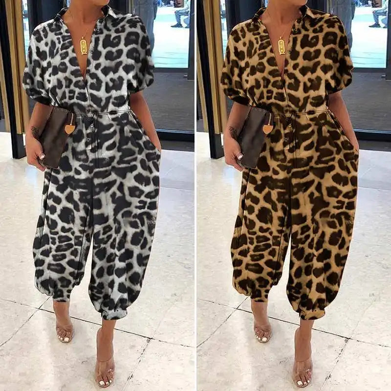 Leopard Print Short Sleeve Lace-Up Pocket Jumpsuit for Women
