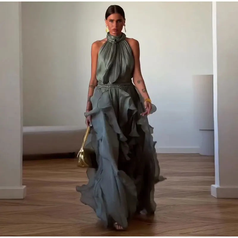 Cascading Ruffle Pleated Maxi Dress with Lace Up for Women