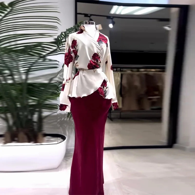 Two Piece Sets Women Skirt Set Turn Down Collar Print Floral Matching Sets Slim Fit Tight Waist Tops Long Skirts Y2k Streetwear