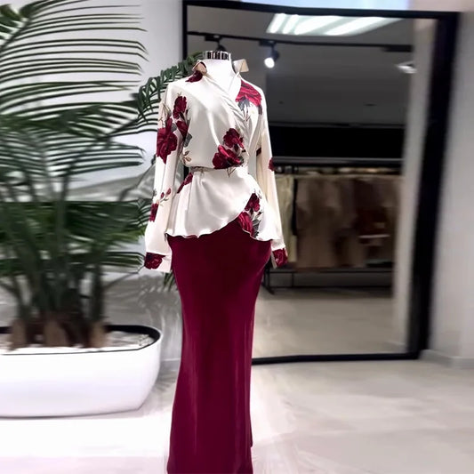 Two Piece Sets Women Skirt Set Turn Down Collar Print Floral Matching Sets Slim Fit Tight Waist Tops Long Skirts Y2k Streetwear