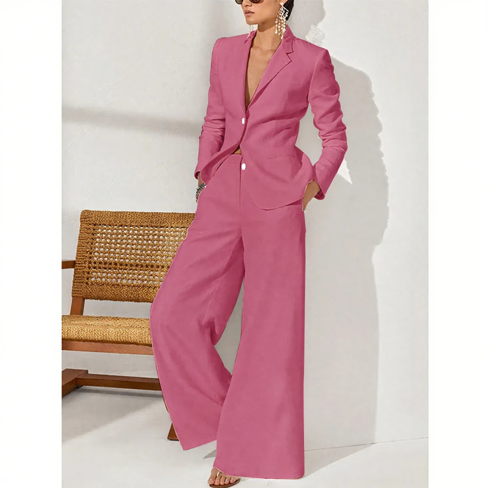 Summer Linen Women Pants Sets White Fashion Notch Lapel Single Breasted 2 Piece Elegant Chic Daily Casual Office Female Suit