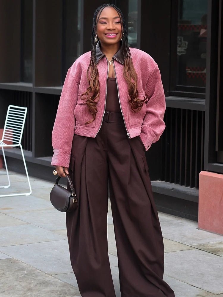 Pink Corduroy With Zipper And Pockets Long Sleeve Jacket for Women