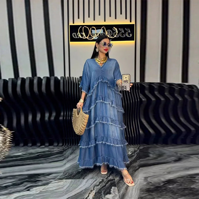 Solid Color V-Neck A-Line Ankle Length Dress for Women