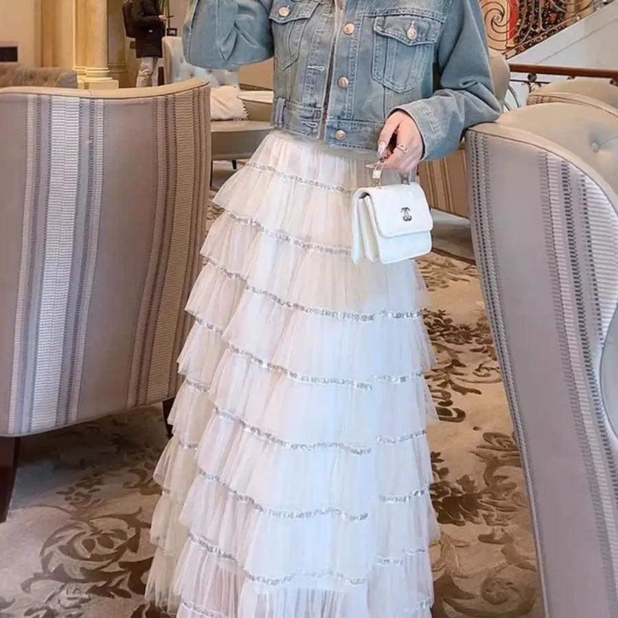 Sequin Layered Mesh High Waist A Line Party Skirt For Women