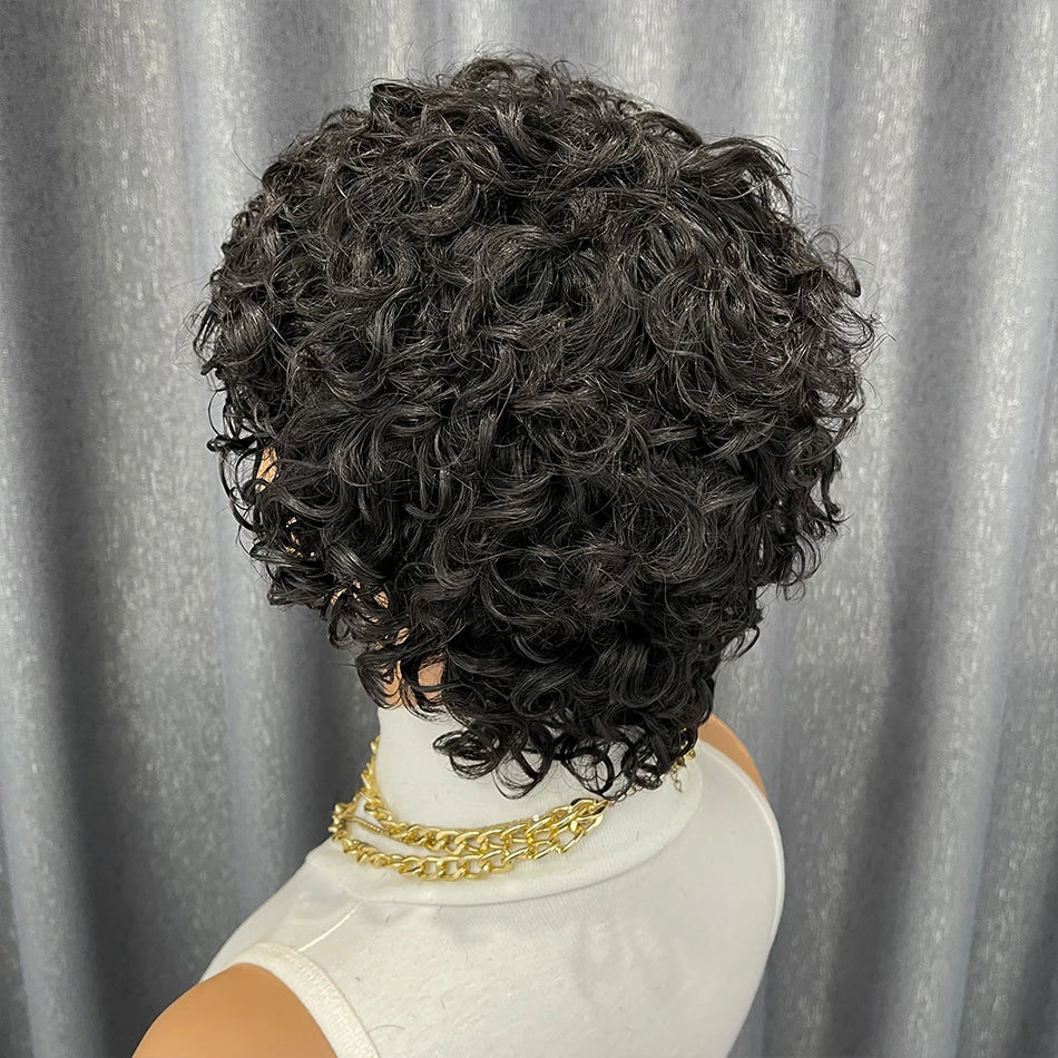Black Kinky Curly Pixie Remy Human Hair Wig for Women