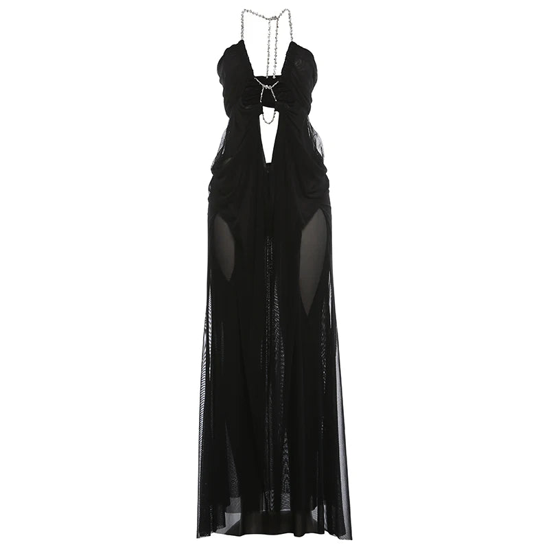 See Through Halter Backless Ruched Patchwork Dress for Women
