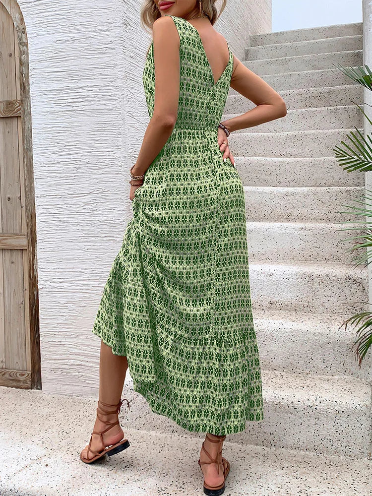 Printed Spaghetti Strap V-Neck Dress With Waist Tie for Women