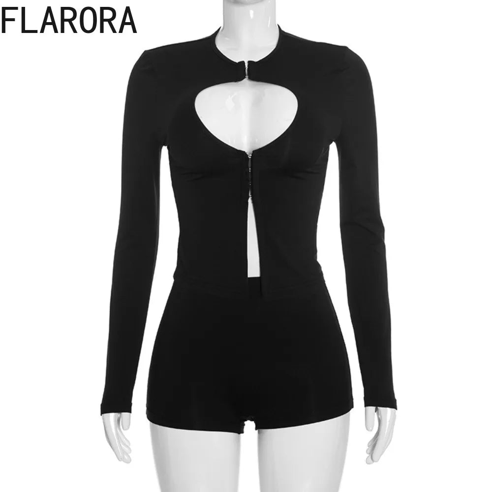 Hollow Out Long Sleeve Crop Top And Shorts Set for Women