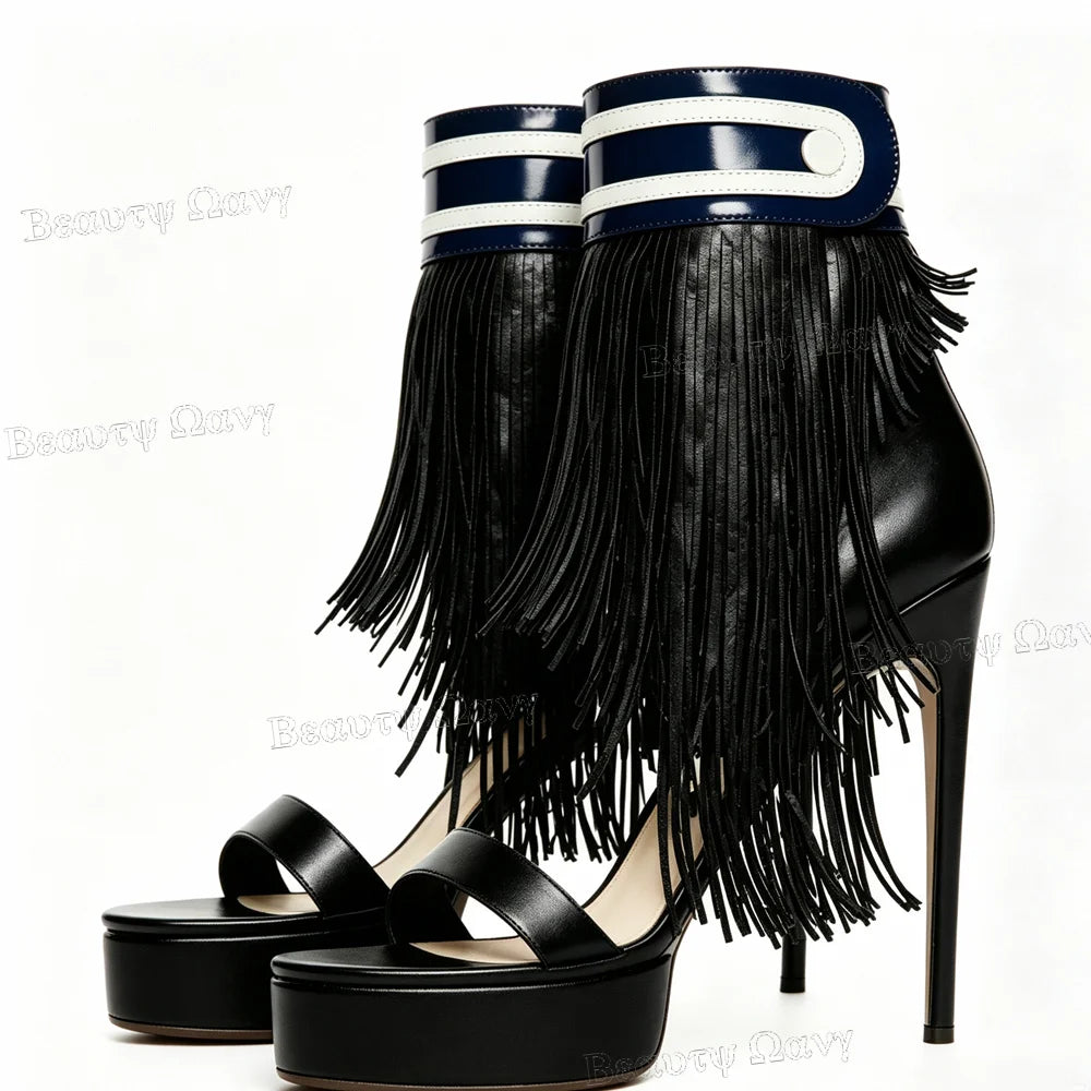 Black Fringe Decor Open Round Toe Platform Sandals for Women