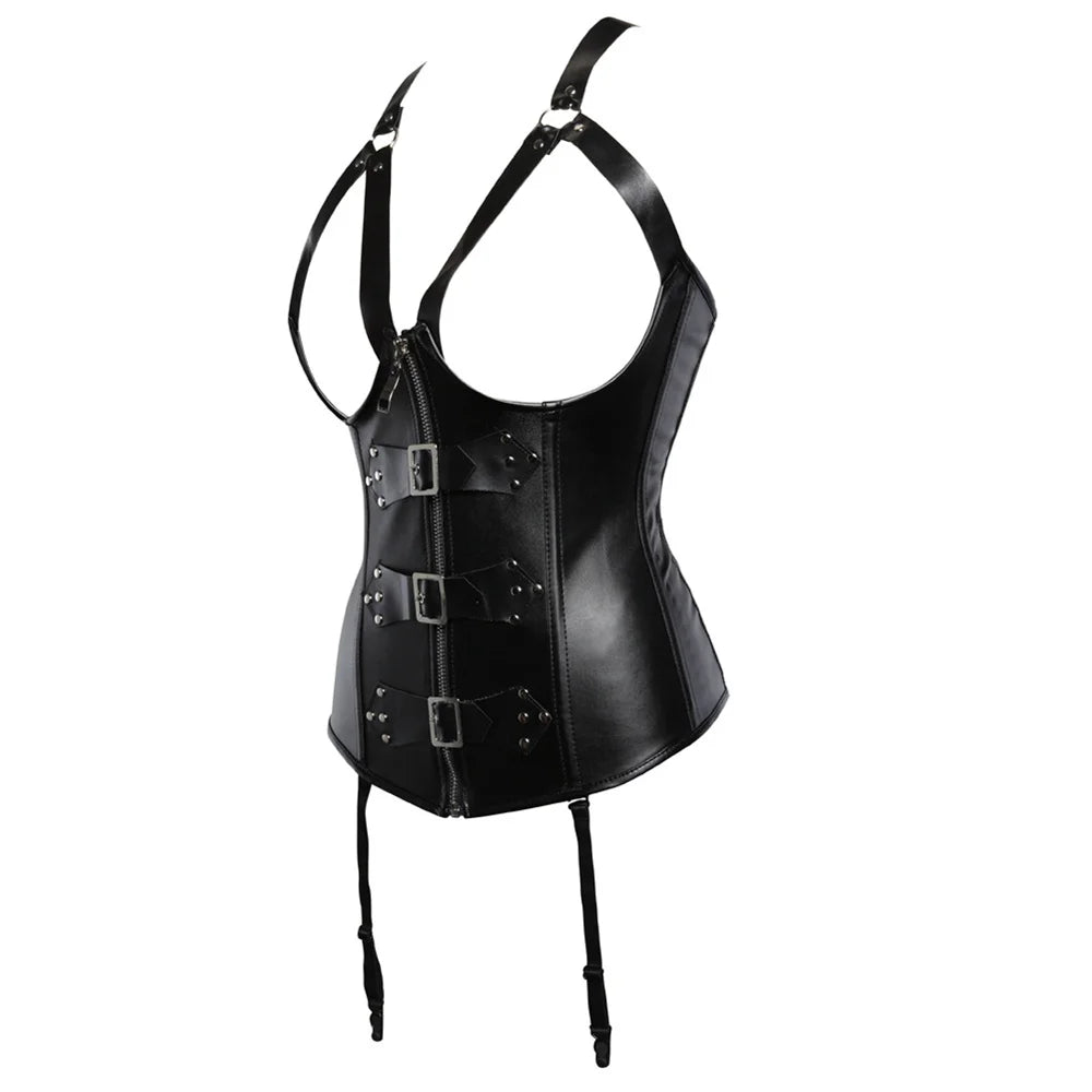 Gothic Halter Underbust Steampunk Black Faux Leather Corset for Women