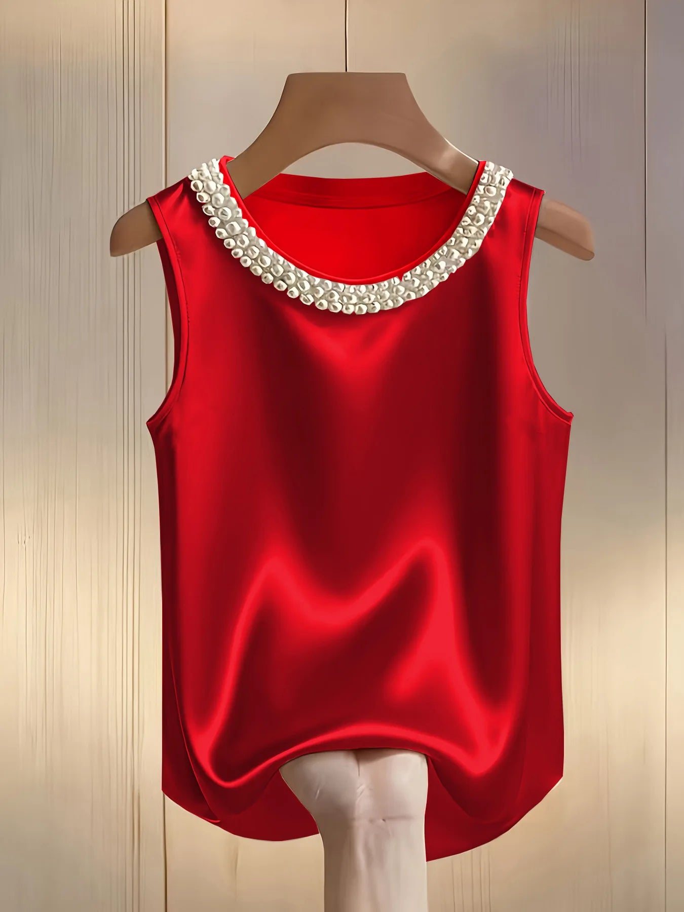 Loose Satin Beaded Pearl Decor Sleeveless Tank Top for Women
