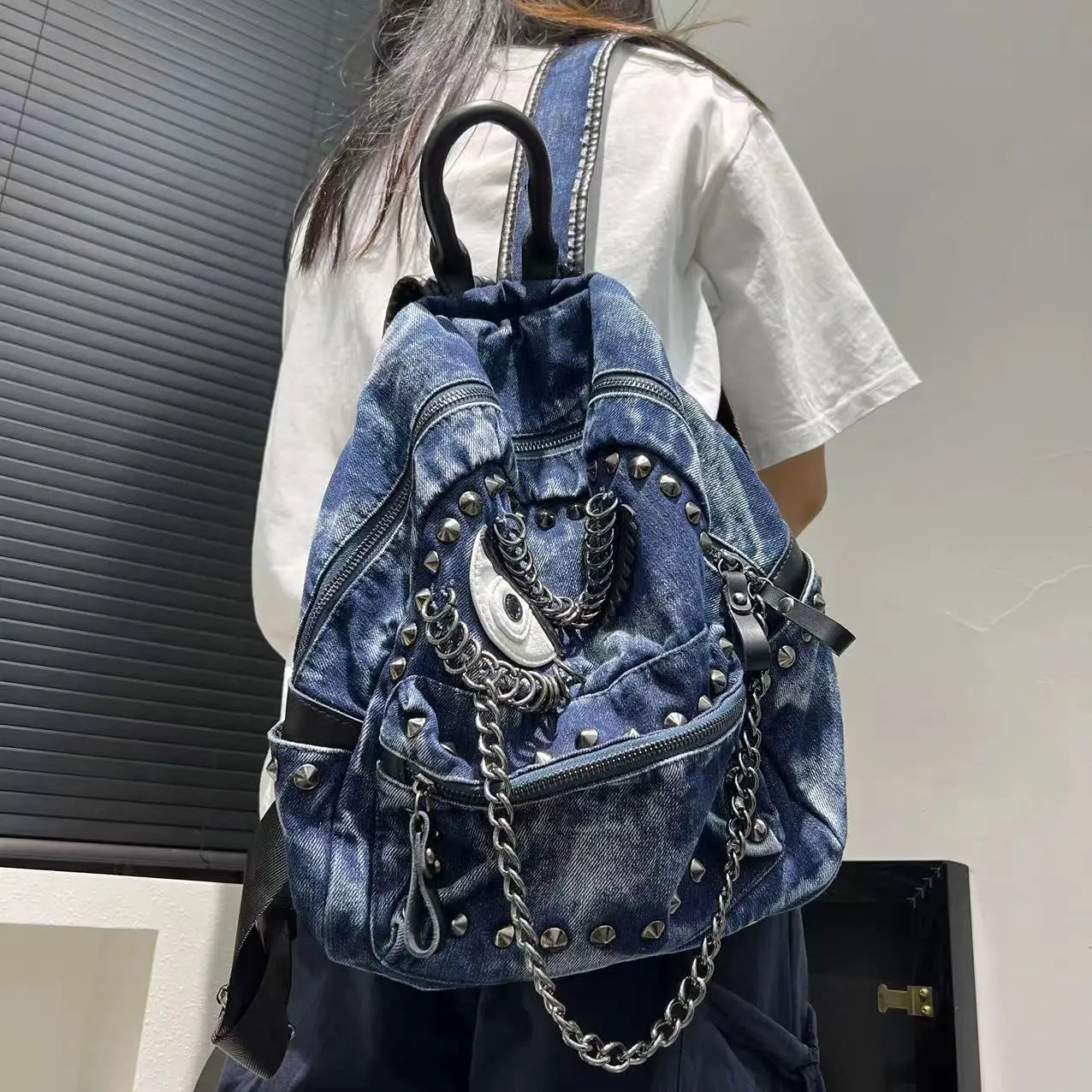 Steampunk Denim Backpack with Chain Details for Women