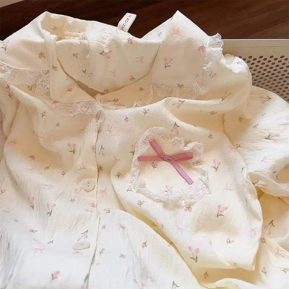 Floral Lace Bow Cardigan Pajama Set