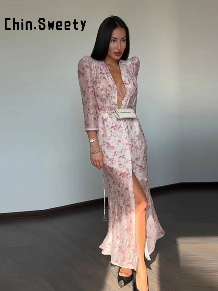 Printed Organza Deep V-neck Half Sleeve Cinched Waist Pleated Dress for Women