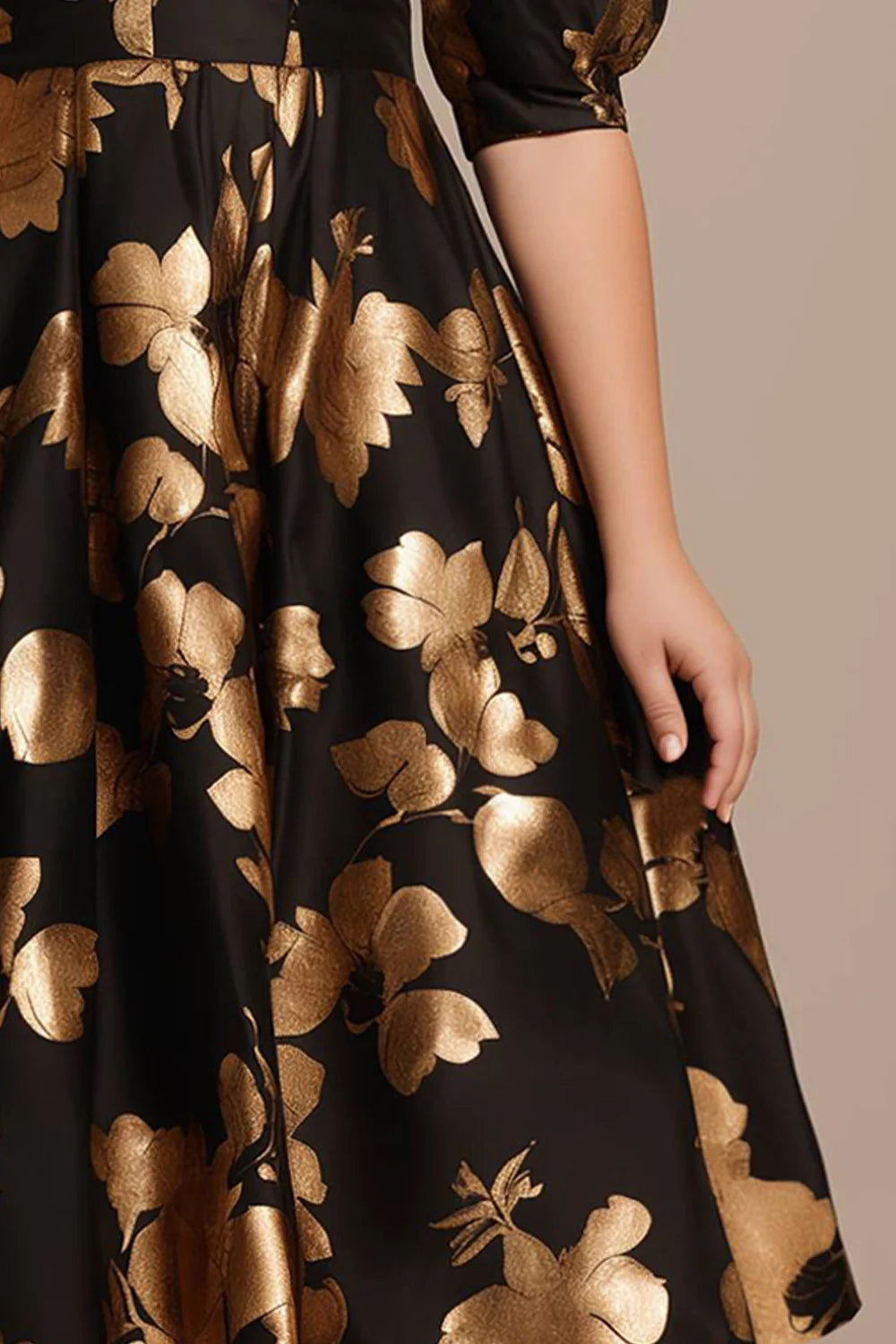 Flycurvy Plus Size Cocktail Gold Floral Print Puff Sleeve Empire Waist Tea-Length Dress
