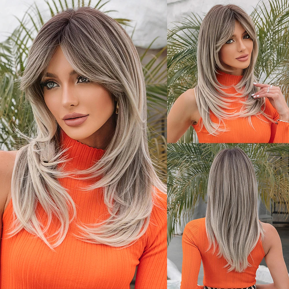 Long Straight Layered Blonde Wig With Bangs for Women