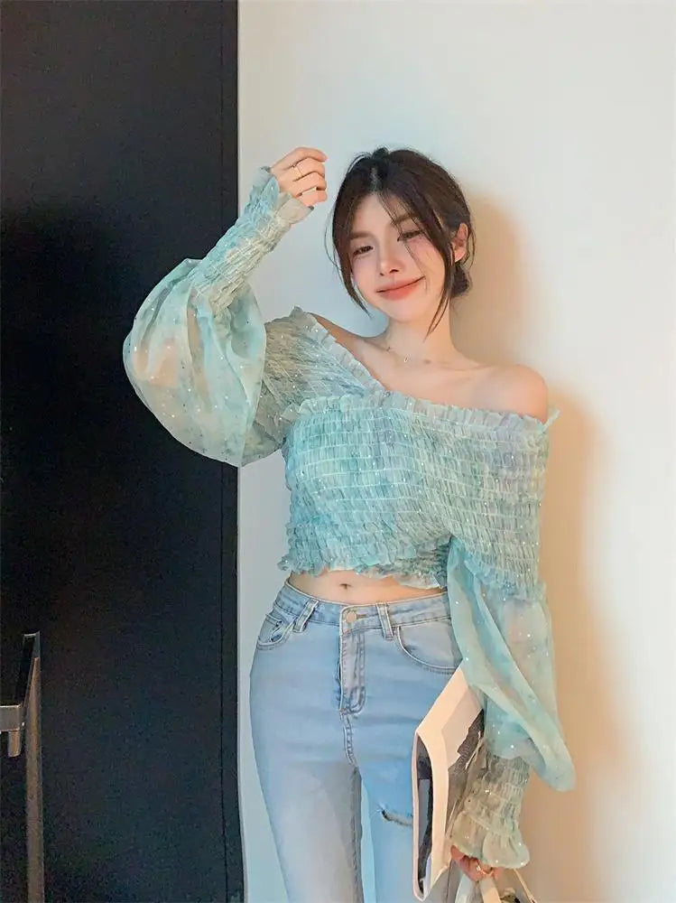 French Shoulder Chiffon Shirt for Women's Summer Design, Niche Shirt, Slim Fit Pleated Short Sleeved Top