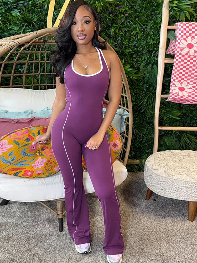 Cutenew Panelled Stripe Women Jumpsuits Casual Summer Sporty O-neck Sleeveless Backless Skinny Overalls Female Active One Piece