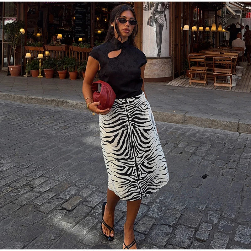 High Waist Leopard Print Zipper Midi Skirt for Women