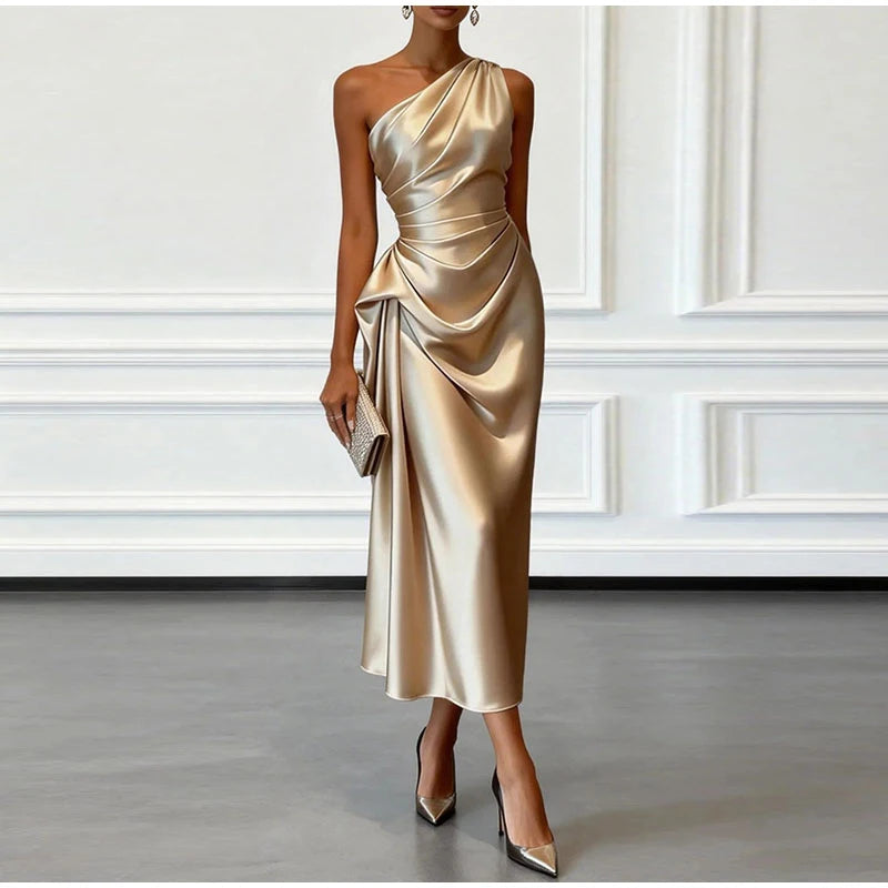 Charming One Shoulder Ruched Waist Satin Midi Dress For Women