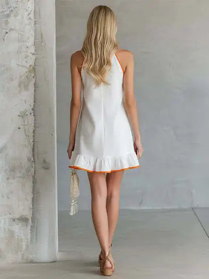 Striped Print Sleeveless Ruffled High Waist Zipper Mini Dress for Women