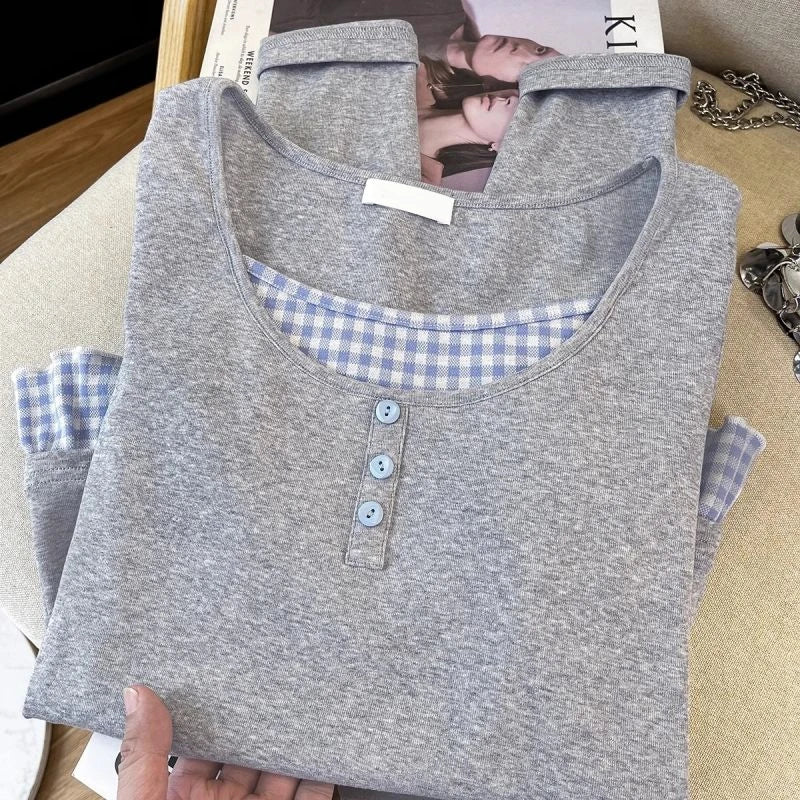 Fashion Fake Two Piece Long Sleeve T-shirt Women Autumn Round Neck Grey Plaid Splicing Pullover Korean Casual Versatile Top
