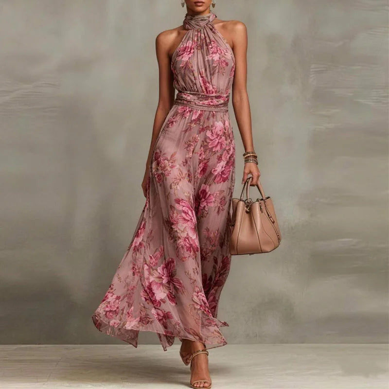 Flowing Floral Halter Ruched Waist Maxi Dress for Women