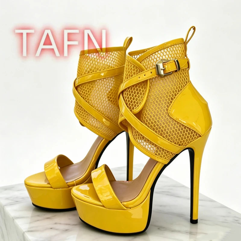 Peep Toe Mesh Caged Sandals With Patent Leather Platform Plus Size for Women