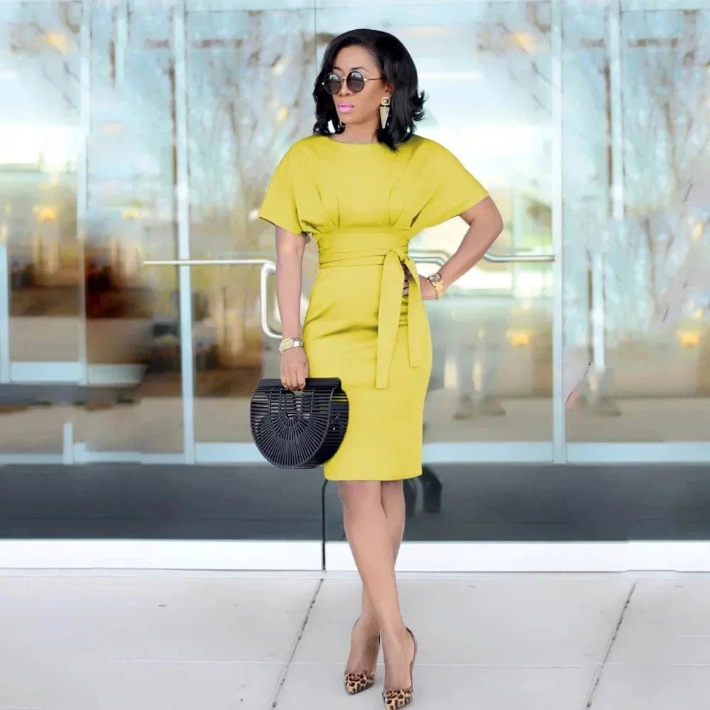 Women's Elegant Pencil Midi Dress Short Sleeve Party Cocktail Dresses with Belt