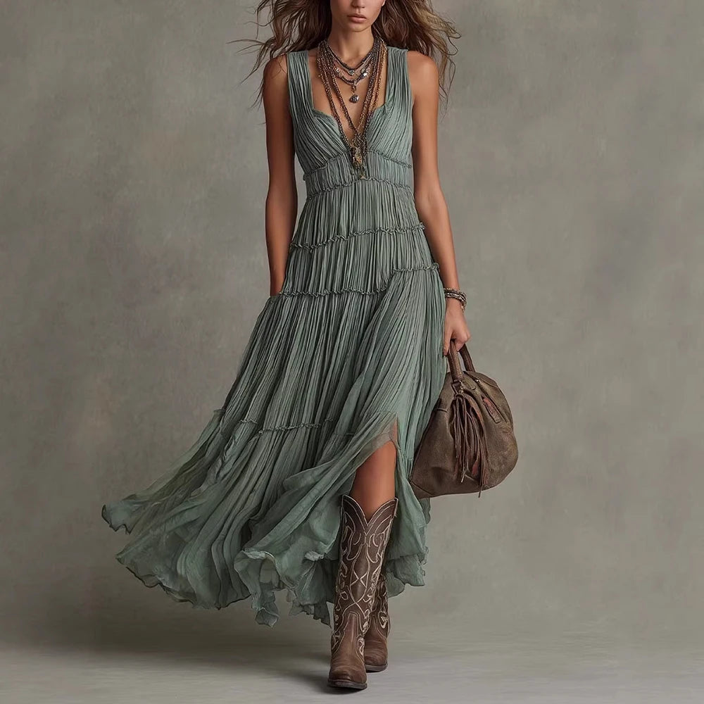 Elegant Boho Tiered V Neck Flowy Maxi Dress for Women