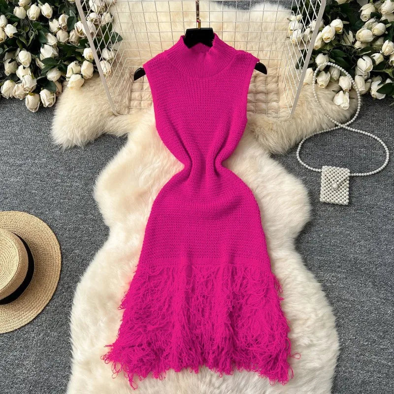 Elegant Round Neck Sleeveless Tassel Hem Bodycon Mini Knitted Dress for Women