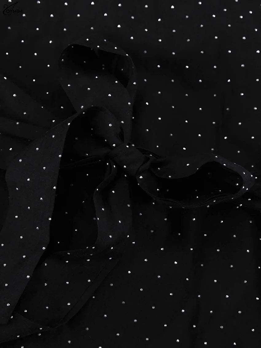 Oymimi Fashion Black Rhinestone Women's Dress Casual Lapel Long Sleeve Button Dresses Elegant New Lace-Up Pleated Mini Dresses