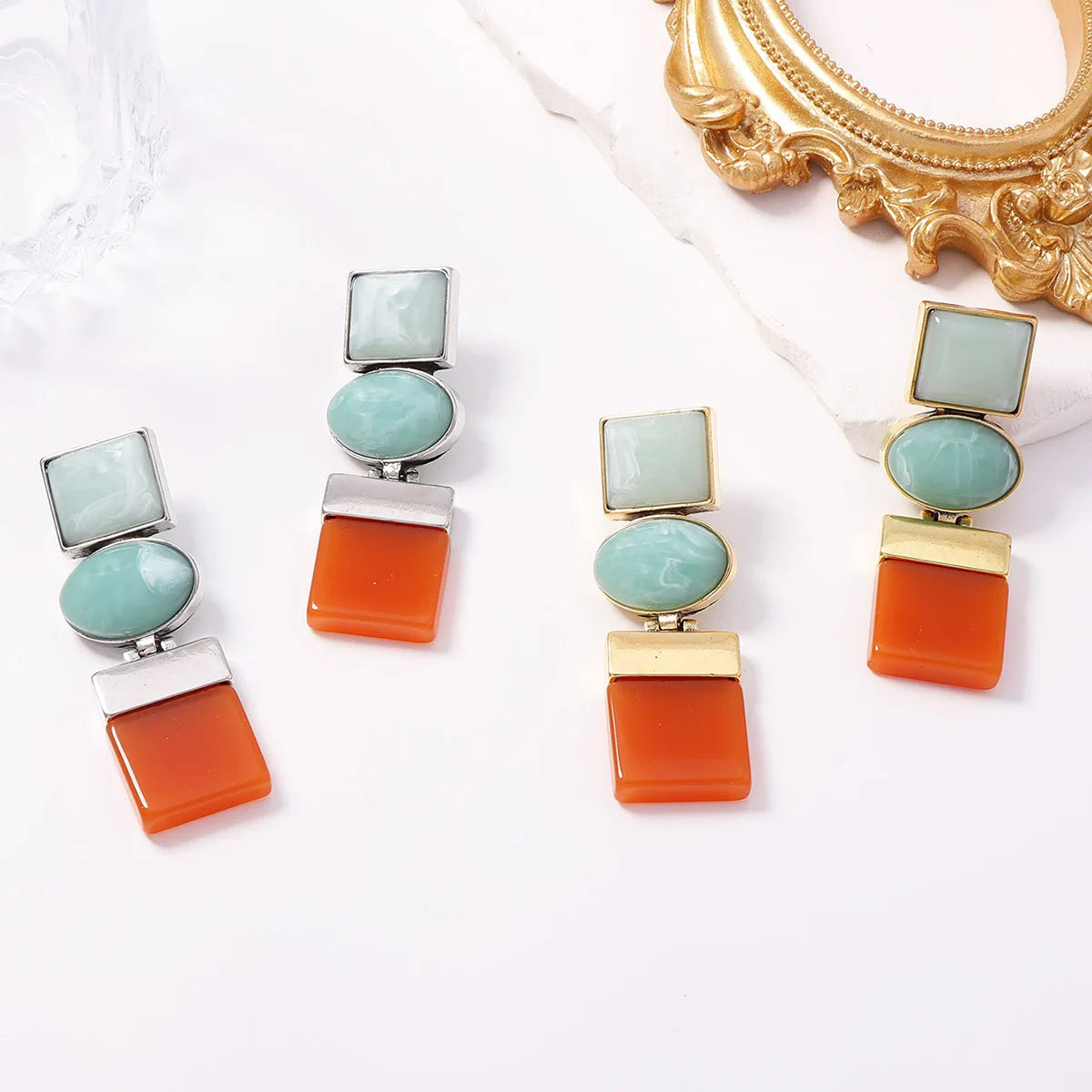 Vintage Mint Green Resin Geometric Drop Earrings for Women