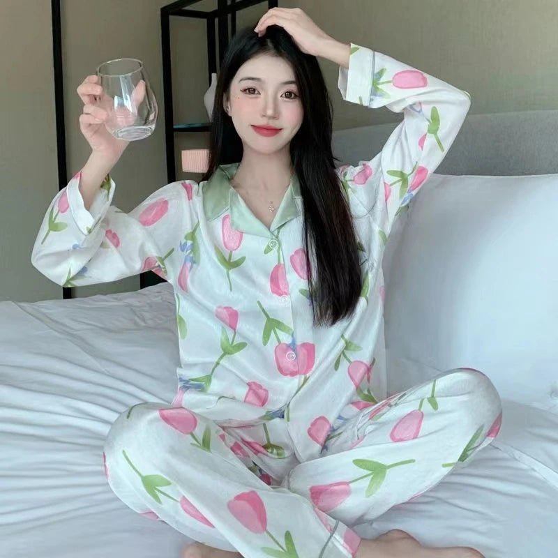 Flowers Twill Print Classy Women's Pajamas Spring Autumn Two-piece Sets Long Female Lounges Simulated Silk 2024 New Y2k Homewear