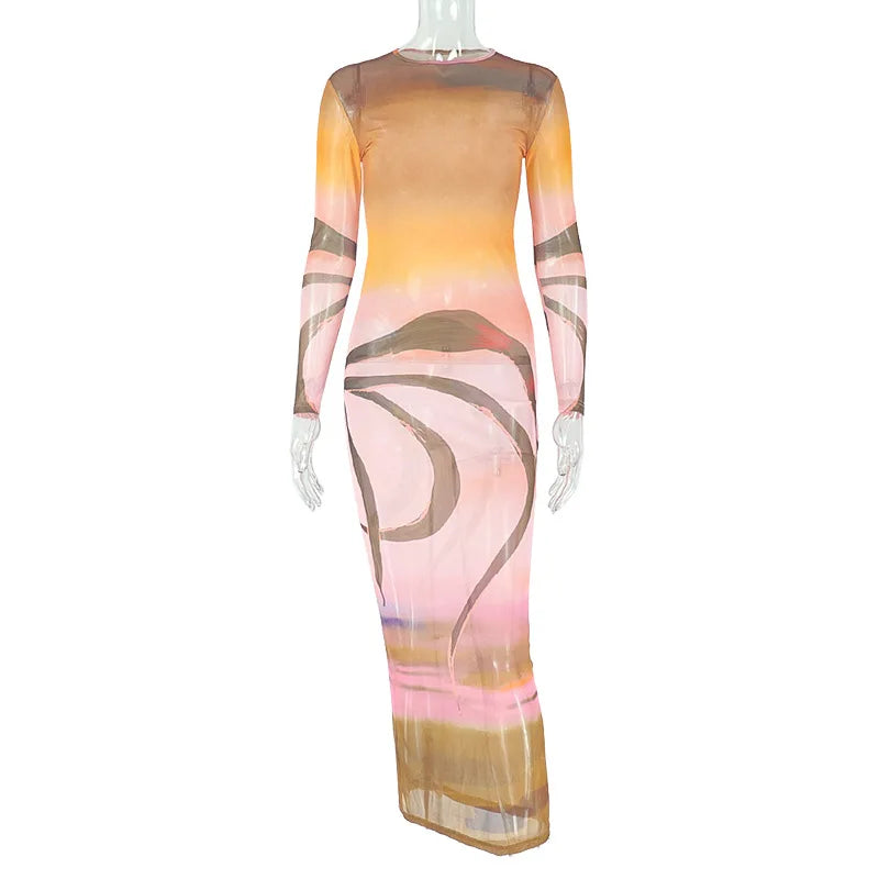 Long Sleeve Mesh Maxi Dress with Stripe Print for Women