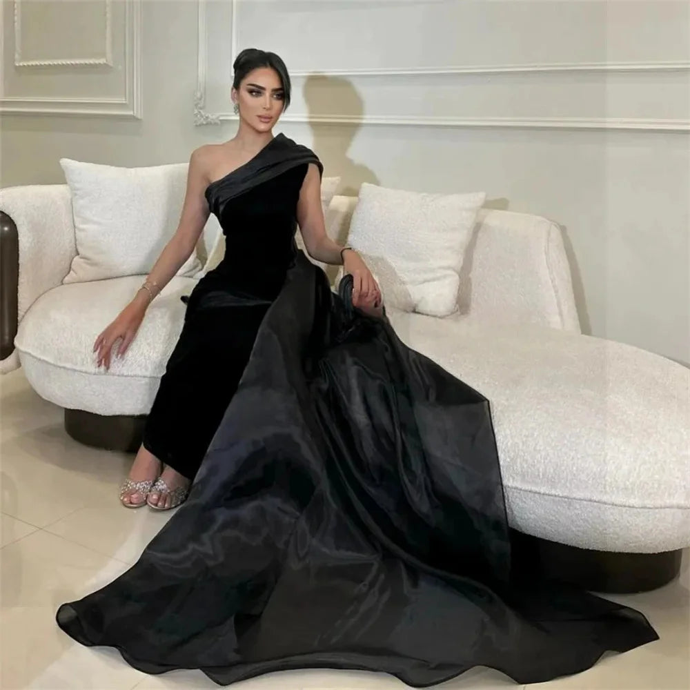Mila Black One Shoulder Sheath Evening Dresses Train Floor-Length Party Dresses Customized Elegant Zip 2025  جديد في الفساتين