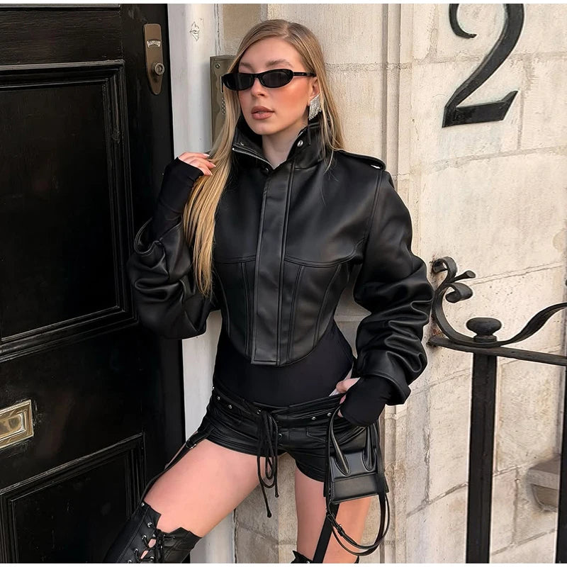 Tailored Crop Front Faux Leather Biker Jacket for Women