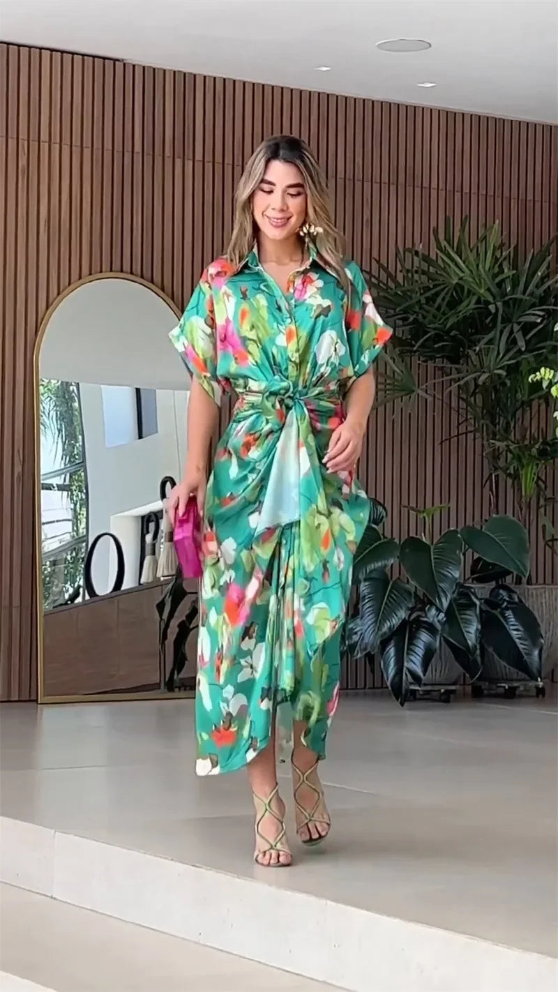 Printed Button Front Ankle Length Shirt Dress with Belt for Women