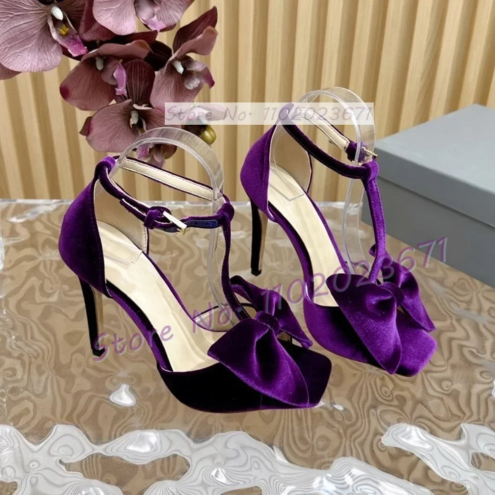 Bow-embellished Velvet Sandals Women's Luxury T Strap Square Toe High Heels Sandals Newest Luxury Party Trendy Cover Heel Shoes