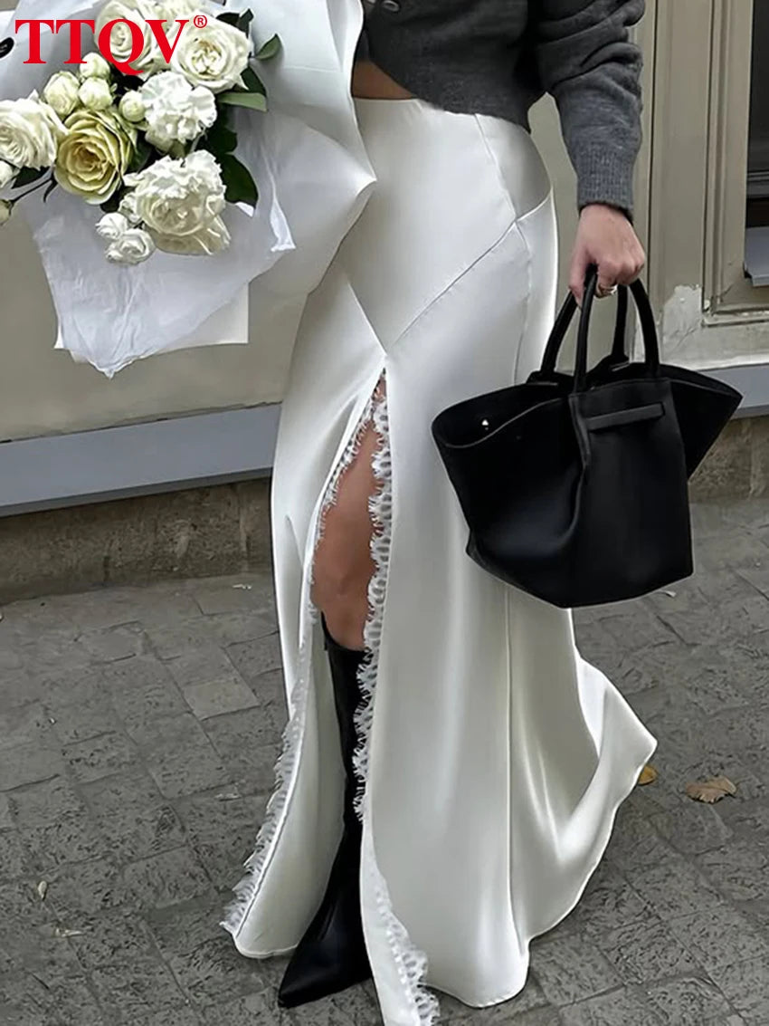 Elegant High Waist Floor Length Satin Skirt for Women