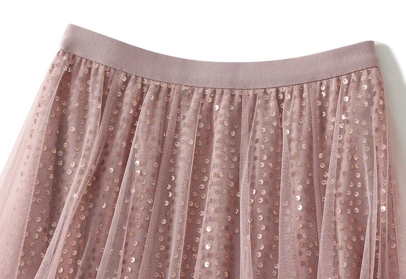 Sparkling Mesh A-Line Pleated Knee-Length Skirt for Women