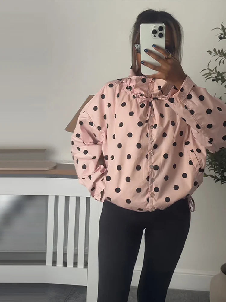 Polka Dot Lace Up Stand Collar Single Breasted Jacket for Women