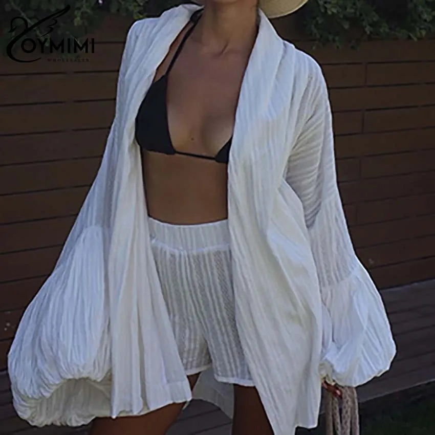 Oymimi Fashion White Cotton Women's Two Pieces Set Elegant Puff Sleeve Loose Lace-Up Shirts And High Waisted Shorts Female Sets