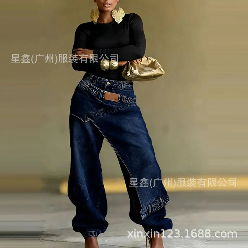 Washed Patchwork Baggy Jeans With Irregular Wrap Front for Women