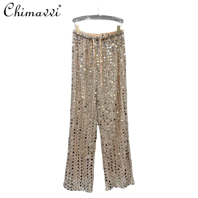 2026 Summer New Fashion Hot Girl Style Silver Sequin Tie-up Elastic Waist Pants - High Street Women's Versatile Casual Trousers